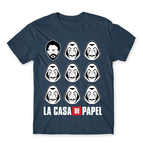 Denim A nagy pénzrablás férfi rövid ujjú póló - La casa de papel faces