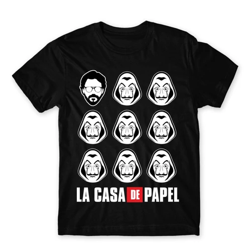 Fekete A nagy pénzrablás férfi rövid ujjú póló - La casa de papel faces
