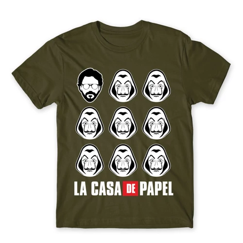 Khaki A nagy pénzrablás férfi rövid ujjú póló - La casa de papel faces