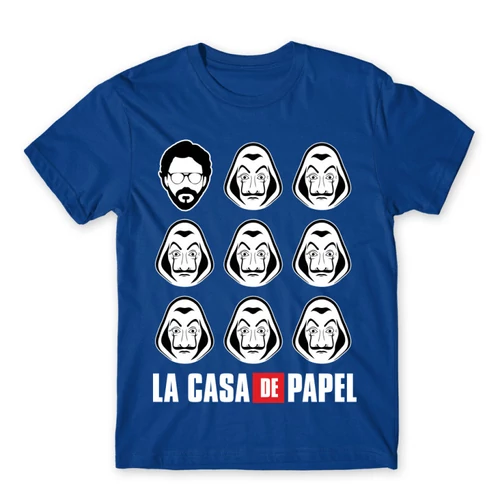 Királykék A nagy pénzrablás férfi rövid ujjú póló - La casa de papel faces