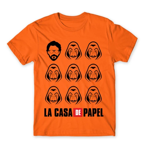 Narancs A nagy pénzrablás férfi rövid ujjú póló - La casa de papel faces