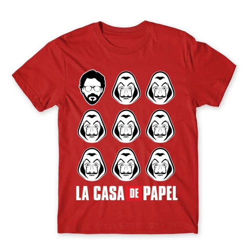 Piros A nagy pénzrablás férfi rövid ujjú póló - La casa de papel faces