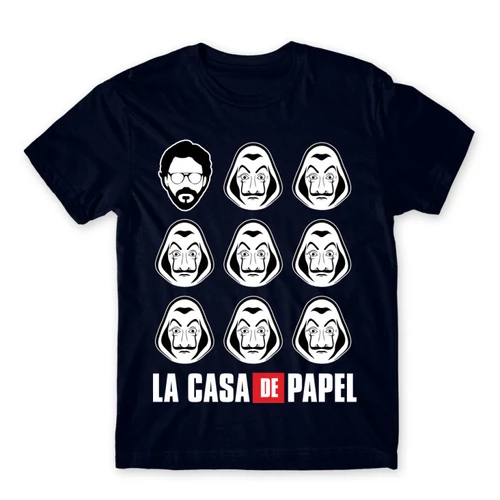 Sötétkék A nagy pénzrablás férfi rövid ujjú póló - La casa de papel faces