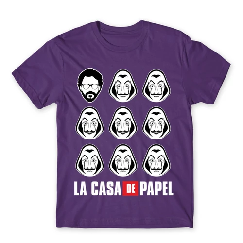Sötétlila A nagy pénzrablás férfi rövid ujjú póló - La casa de papel faces
