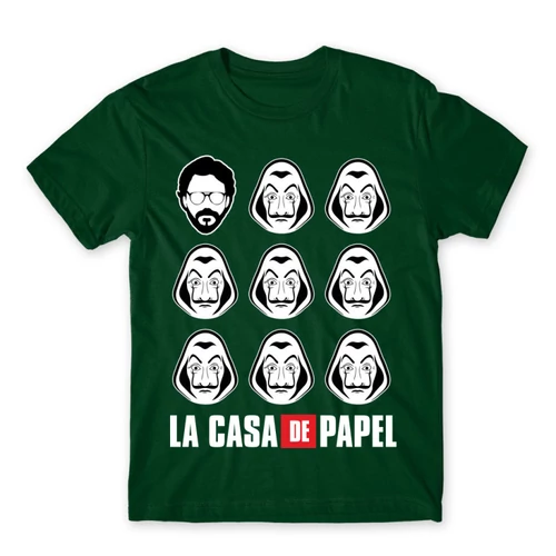 Sötétzöld A nagy pénzrablás férfi rövid ujjú póló - La casa de papel faces