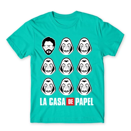 Türkiz A nagy pénzrablás férfi rövid ujjú póló - La casa de papel faces