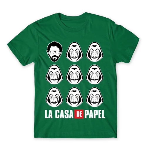Zöld A nagy pénzrablás férfi rövid ujjú póló - La casa de papel faces