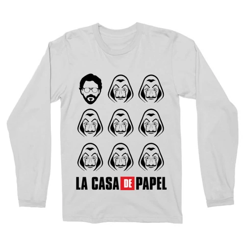 Fehér A nagy pénzrablás férfi hosszú ujjú póló - La casa de papel faces