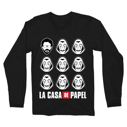 Fekete A nagy pénzrablás férfi hosszú ujjú póló - La casa de papel faces
