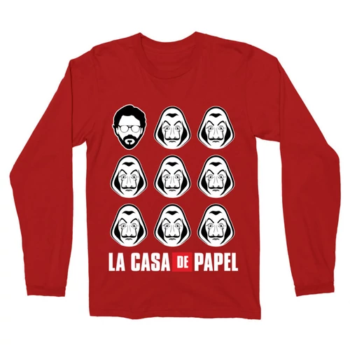 Piros A nagy pénzrablás férfi hosszú ujjú póló - La casa de papel faces