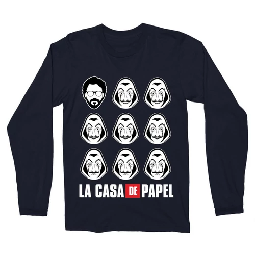 Sötétkék A nagy pénzrablás férfi hosszú ujjú póló - La casa de papel faces