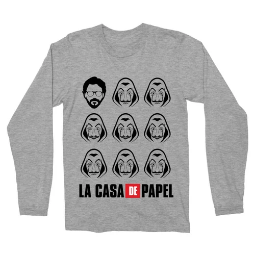 Sportszürke A nagy pénzrablás férfi hosszú ujjú póló - La casa de papel faces