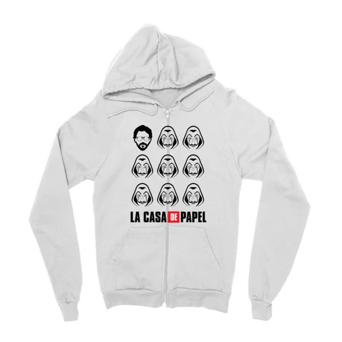 Fehér A nagy pénzrablás zipzáros pulóver - La casa de papel faces
