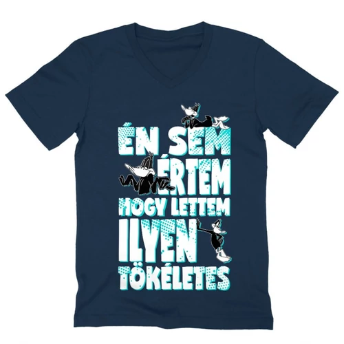Sötétkék Bolondos dallamok férfi V-nyakú póló - Dodó Kacsa tökéletes