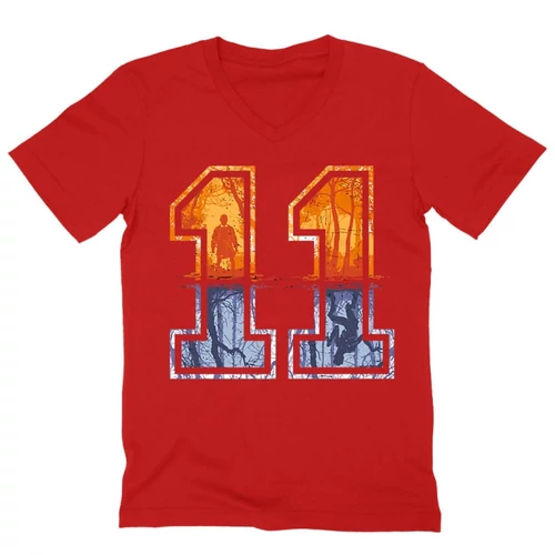 Piros Stranger Things férfi V-nyakú póló - Eleven Numbers