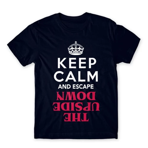 Sötétkék Stranger Things férfi rövid ujjú póló - Keep Calm Upside Down