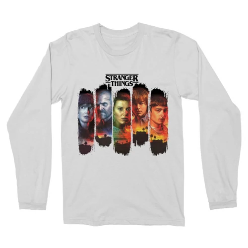 Fehér Stranger Things férfi hosszú ujjú póló - Stripes