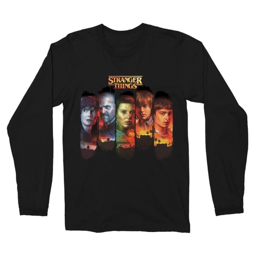 Fekete Stranger Things férfi hosszú ujjú póló - Stripes