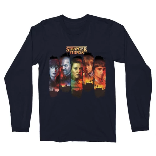 Sötétkék Stranger Things férfi hosszú ujjú póló - Stripes