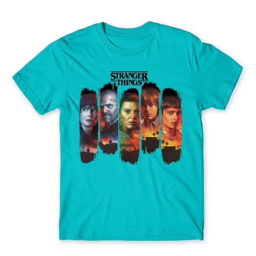 Atollkék Stranger Things férfi rövid ujjú póló - Stripes