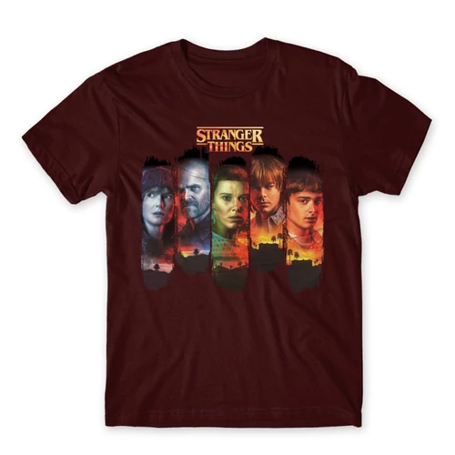 Bordó Stranger Things férfi rövid ujjú póló - Stripes