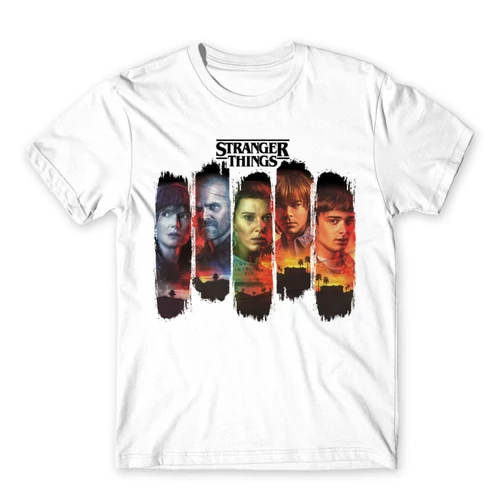 Fehér Stranger Things férfi rövid ujjú póló - Stripes