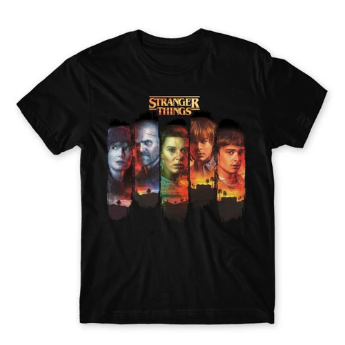 Fekete Stranger Things férfi rövid ujjú póló - Stripes