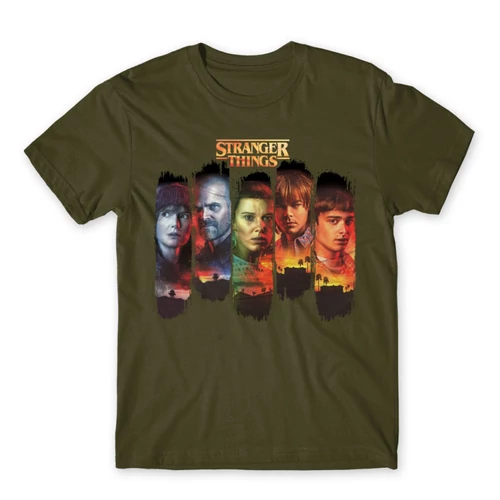Khaki Stranger Things férfi rövid ujjú póló - Stripes