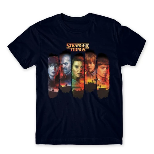 Sötétkék Stranger Things férfi rövid ujjú póló - Stripes