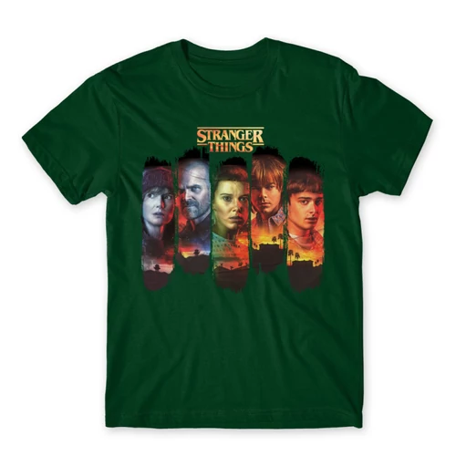 Sötétzöld Stranger Things férfi rövid ujjú póló - Stripes