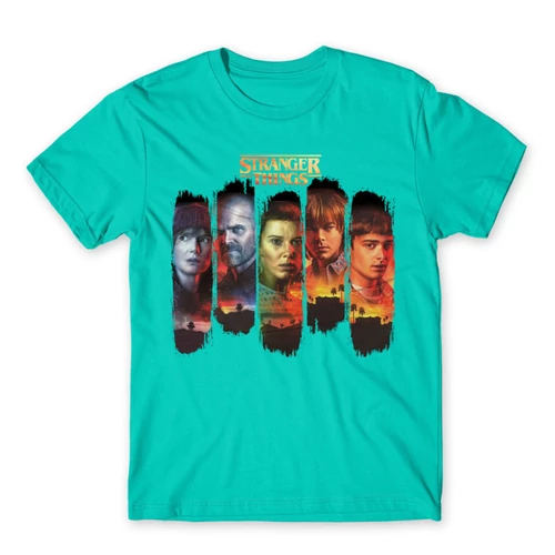 Türkiz Stranger Things férfi rövid ujjú póló - Stripes