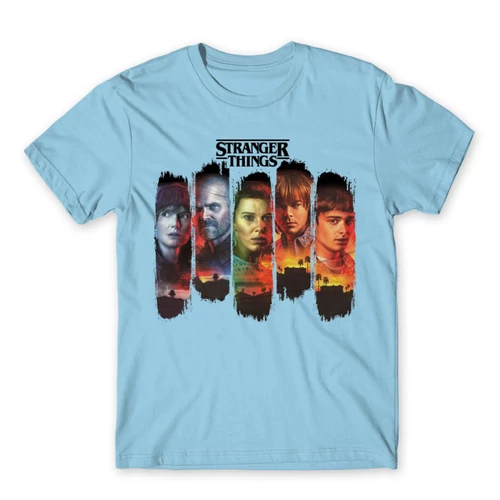 Világoskék Stranger Things férfi rövid ujjú póló - Stripes