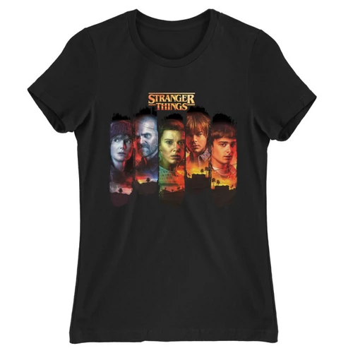 Fekete Stranger Things női rövid ujjú póló - Stripes