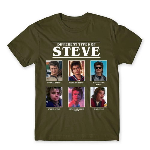 Khaki Stranger Things férfi rövid ujjú póló - Types of Steve