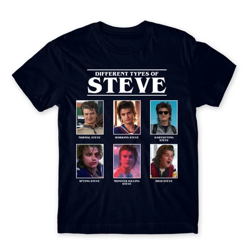 Sötétkék Stranger Things férfi rövid ujjú póló - Types of Steve