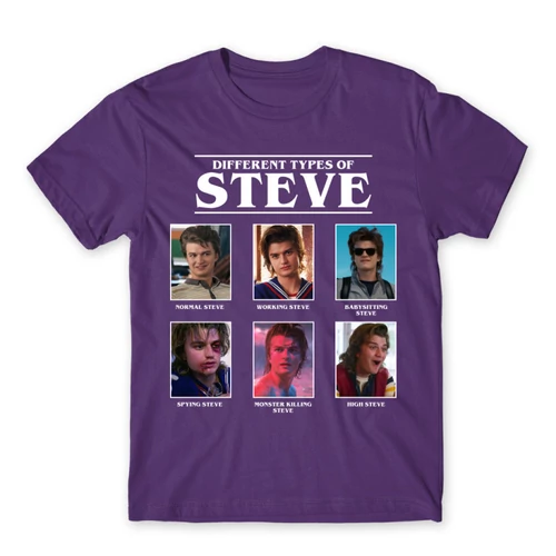 Sötétlila Stranger Things férfi rövid ujjú póló - Types of Steve