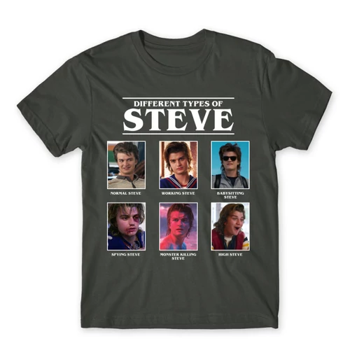 Sötétszürke Stranger Things férfi rövid ujjú póló - Types of Steve