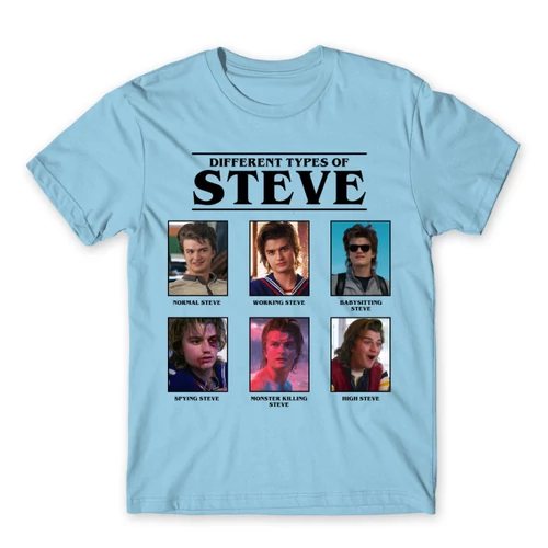 Világoskék Stranger Things férfi rövid ujjú póló - Types of Steve