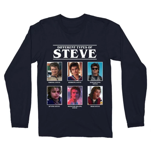 Sötétkék Stranger Things férfi hosszú ujjú póló - Types of Steve