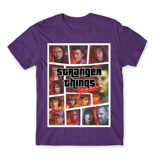 Sötétlila Stranger Things férfi rövid ujjú póló - GTA