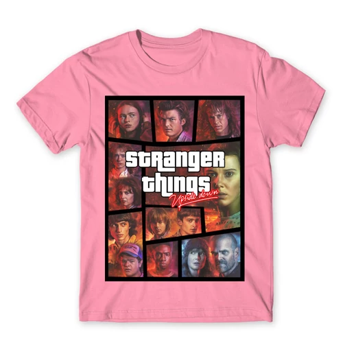 Világos rózsaszín Stranger Things férfi rövid ujjú póló - GTA