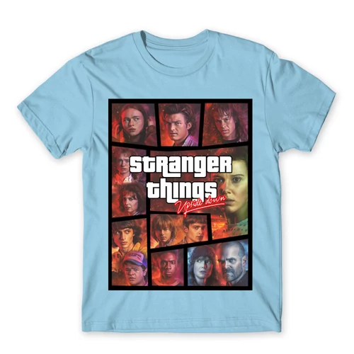 Világoskék Stranger Things férfi rövid ujjú póló - GTA