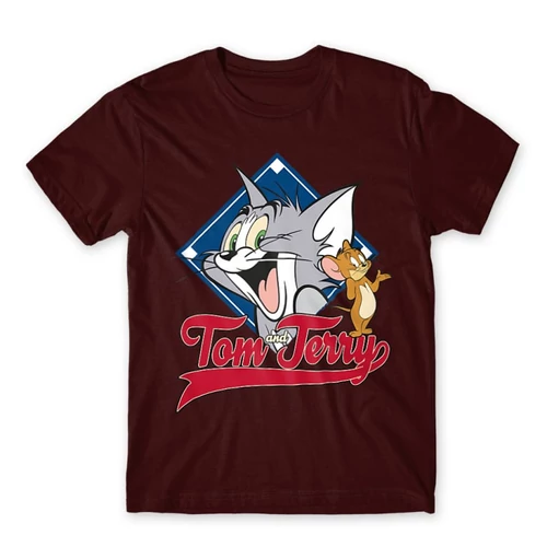 Bordó Tom és Jerry férfi rövid ujjú póló - Badge