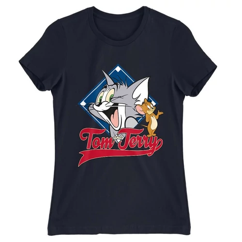 Sötétkék Tom és Jerry női rövid ujjú póló - Badge