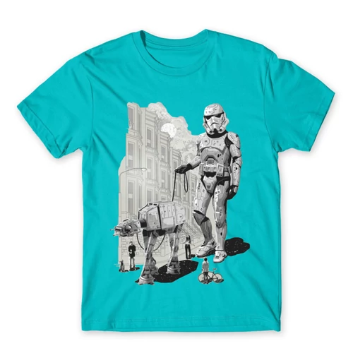 Atollkék Star Wars férfi rövid ujjú póló - Rohamosztagos és a lépegető