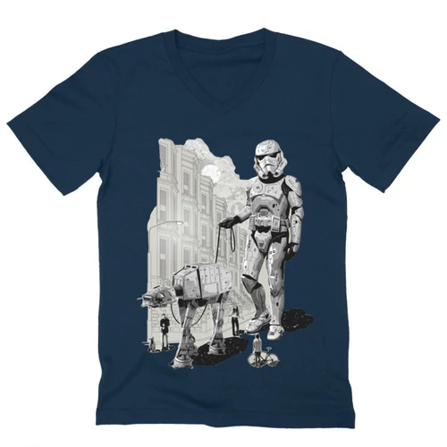 Sötétkék Star Wars férfi V-nyakú póló - Rohamosztagos és a lépegető
