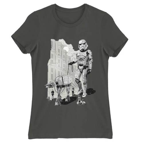 Sötétszürke Star Wars női rövid ujjú póló - Rohamosztagos és a lépegető