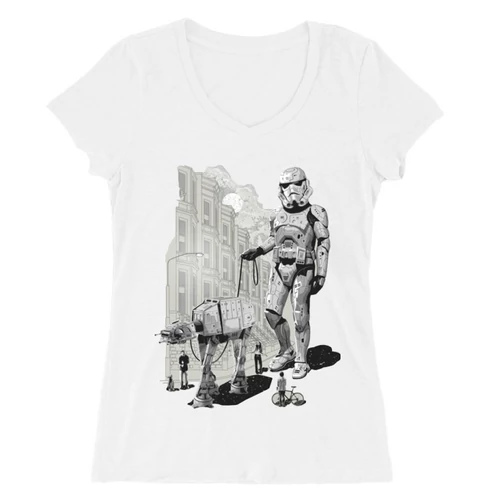 Fehér Star Wars női V-nyakú póló - Rohamosztagos és a lépegető