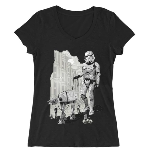 Fekete Star Wars női V-nyakú póló - Rohamosztagos és a lépegető