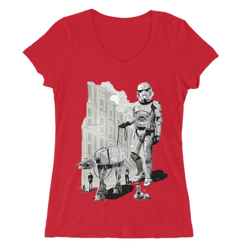 Piros Star Wars női V-nyakú póló - Rohamosztagos és a lépegető